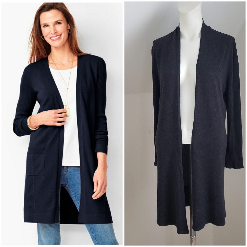 Joan Vass Womens Charcoal Thin Knit Open Front 3/4 Sleeve Duster Cardigan, Sz M